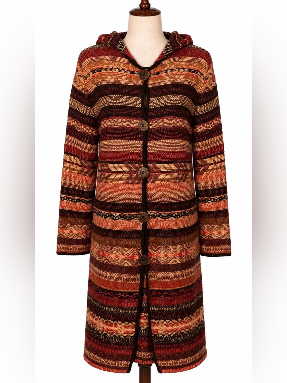 Long cardigan sweater chore jacket with hood.  Boho striped festival wear. L